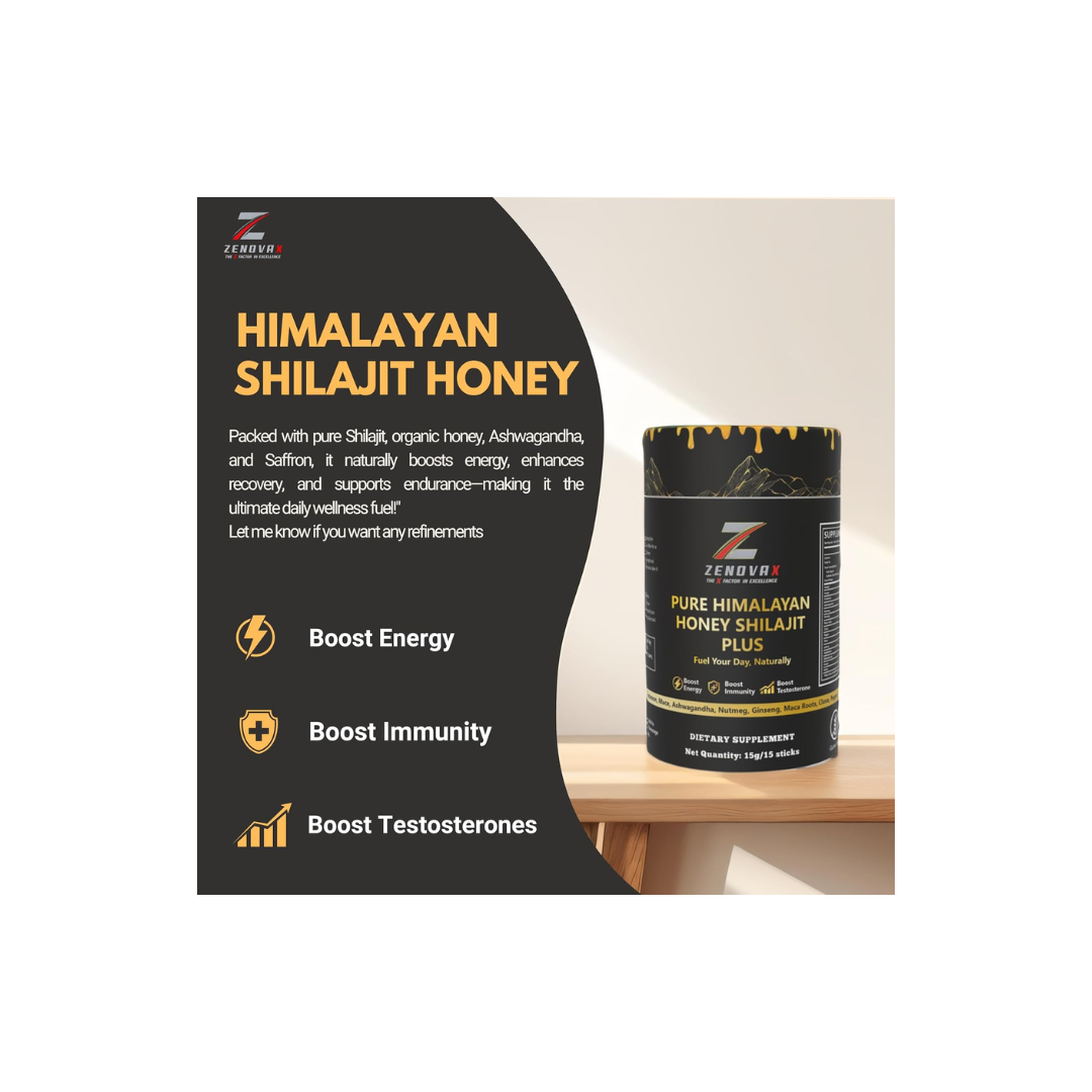 ZENOVA X Himalayan Shilajit Honey Plus with Ashwagandha, Saffron, Ginseng | Gold Grade 100% Pure Honey and Shilajit | 15 Sticks for Energy Boost & Immune Support, 85+ Trace Minerals, 75%+ Fulvic Acid